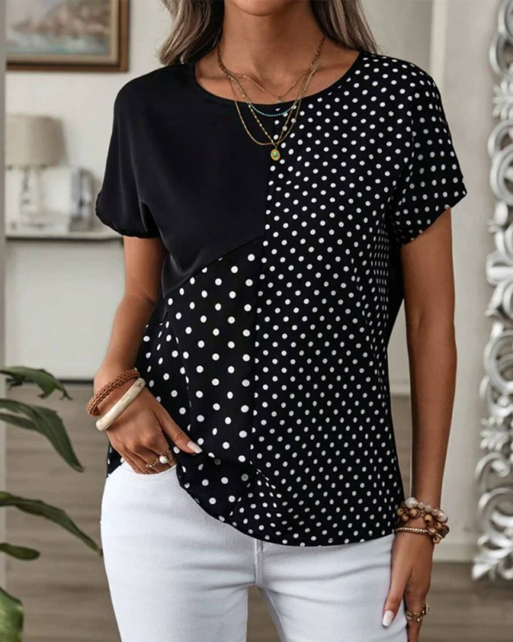 ZARA Womens Short Sleeve Round Neck Polka Dot Print T Shirt Spring
